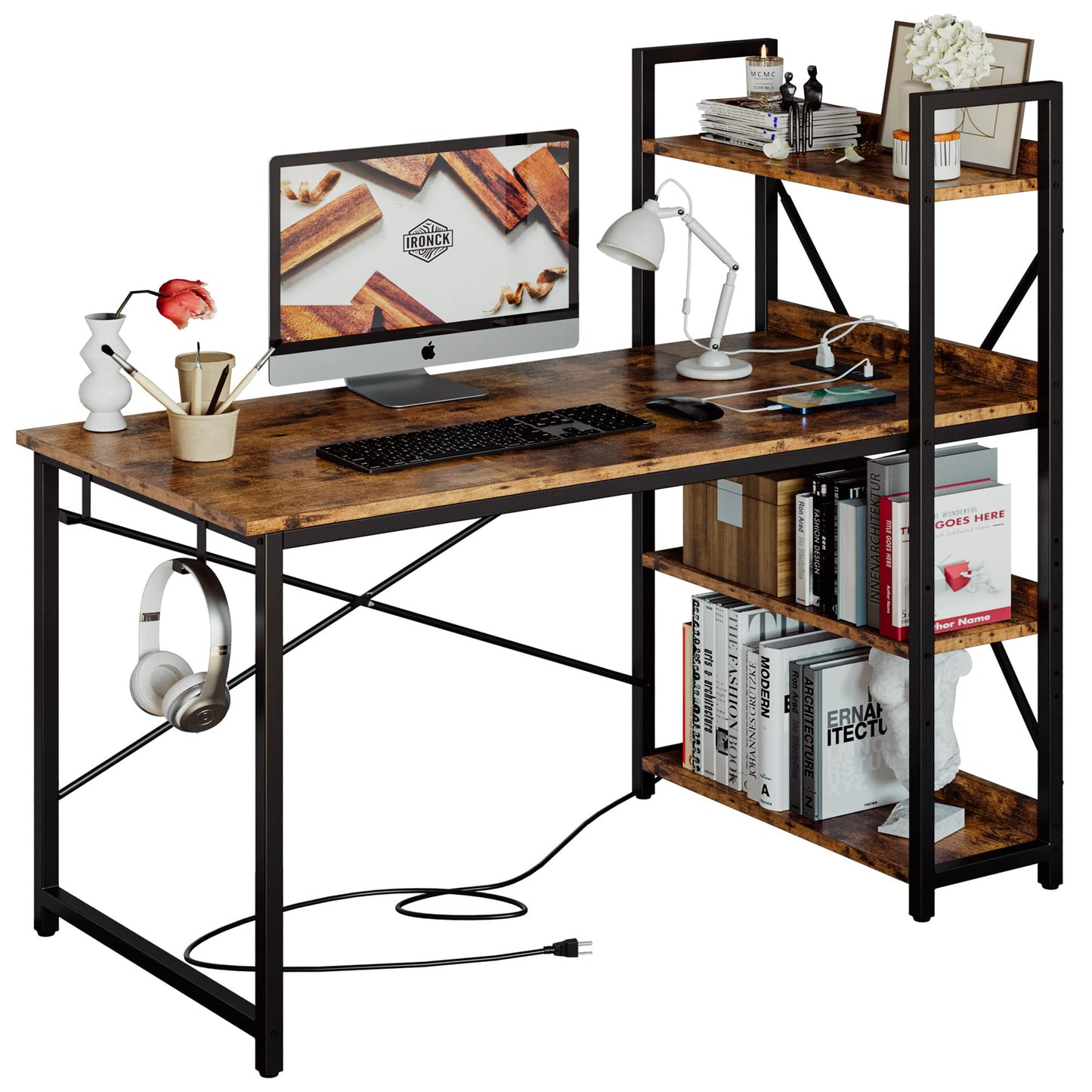 IRONCK Computer Desk 47" with Power Outlet and Storage Shelves, Study Writing Table with USB Ports Charging Station, PC Desk Workstation for Home Office, Rustic Brown
