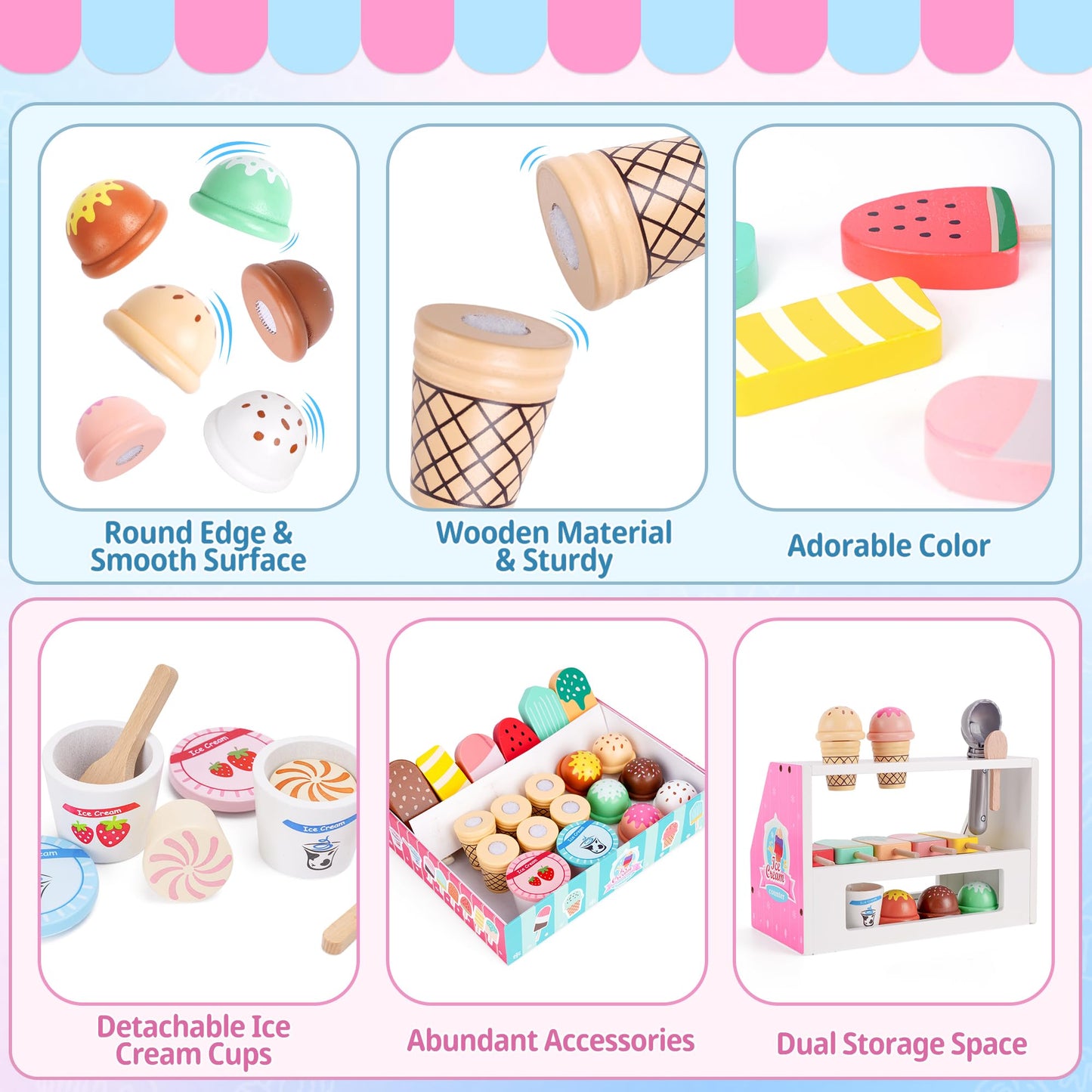 Ice Cream Toy, Wooden Ice Cream Play Set with Aprons, Fake Money, Scoop, Menu, Ice Cream Toys Pretend Play Toys for Girls Boys, Wooden Play Food Set Toy Kitchen Gifts for 3 4 5 6 Year Old Toddlers