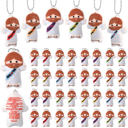 VioraWhite 36 Pcs Christian Gifts Jesus Love You Mini Jesus Plush Keychains for Church Little Figures with Our Father Prayer Toys Miniature Figurines Sunday Religious Favor
