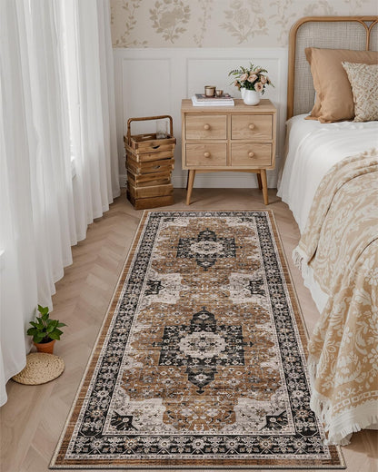 DEXI Hallway Washable Runner Rug 3x7, Vintage Farmhouse Thin Kitchen Runner with Non Slip Backing, Soft Entryway Floor Rug, Stain Resistant Distressed Carpet for Bedroom Living Room, Brown