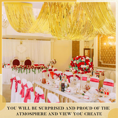 Breling 4 Pcs 15ft Gold Metallic Foil Ceiling Fringe Curtains for Bachelorette Party Decorations, Fringe Ceiling Drapes for Wedding Engagement Bridal Shower Birthday Party Engagement Decor