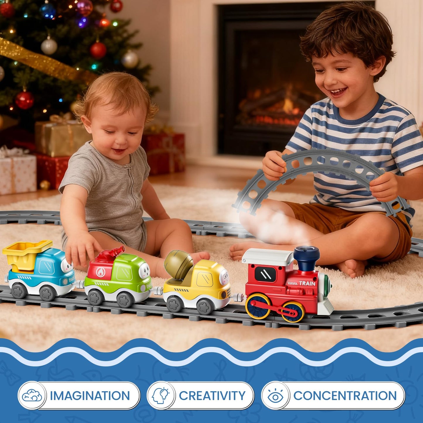 Dimoarch Electric Train Set for Toddlers with Sound & Lights, Magnetic Connection Train Toys with Tracks & Road Signs, Christmas Birthday Gift for 3 4 5 6 Year Old Boys Girls