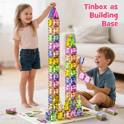 Magnetic Tiles for Kids Ages 4-8, Magnetic Blocks Travel Set with Diamond Surface & Metal Storage Box, 60PCS STEM Learning Toys, Educational Building Gifts for 3-8 Year Olds