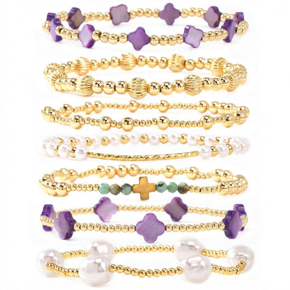 14K Gold Beaded Purple Clover Stackable Bracelets for Women,7PCS/Set Boho Cross Pearl Beads Stretch Bracelets Stack Fashion Holiday Birthday Prom Jewelry Accessories Gift Friendship Sister