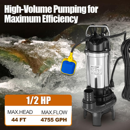 4PN 1/2 HP Submersible Sump Pump With Float Switch Replacement for Tsurumi Pump 4-PN 50PN2.4S Pond Waterfall Pump, Cast Iron and Stainless Steel, 4755 GPH, 2" Discharge, H Max 44ft