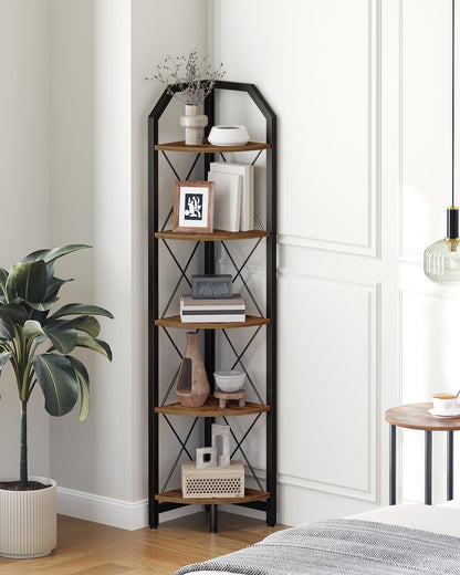 CHOEZON 59.4" Corner Shelf, 5-Tier Industrial Corner Bookshelf, Corner Storage Stand, Plant Stand Display Shelf, Bookcase for Bedroom, Living Room, Home Office, Rustic Brown and Black TCJ10BF