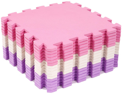 BalanceFrom 16-Pack 12x12 Inches EVA Interlocking Foam Play Tile Mat, Pink/Purple/Beige – 0.4-Inch Thick Non-Slip Puzzle Flooring for 16 Square Feet in Playroom, Nursery, or Playpen at Home