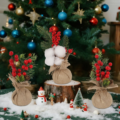 winemana 6 Pcs Mini Christmas Tree Table Decorations, 8" Small Artificial Trees with Red Berries Pine Cone Greenery Tabletop Centerpiece for Home Office Room Holiday Decorations