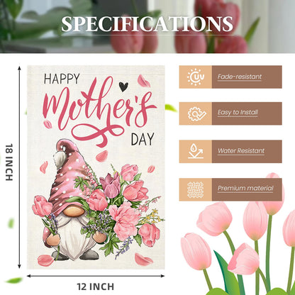 Happy Mother's Day Garden Flags for Outside 12x18 Inch Double Sided,Gnome with Carnation Flowers Small Yard Flags,Gift for Mom Grandmom Spring Decoration for Farmhouse Patio Outdoor