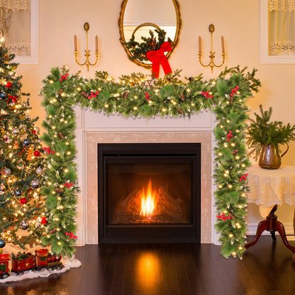 Christmas Garland with Lights, 50 LEDs 9FT Prelit Garland Battery Operated Outdoor Indoor Christmas Decorations Lighted Garland for Stairs Railing Fireplace Mantle Front Door Home Holiday Decor