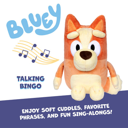 Bluey Sound Effects Talking Bingo Plush Toy, 13” Soft Bingo Toy, Interactive Stuffed Animal with 9 Different Phrases, Musical Toys for Kids