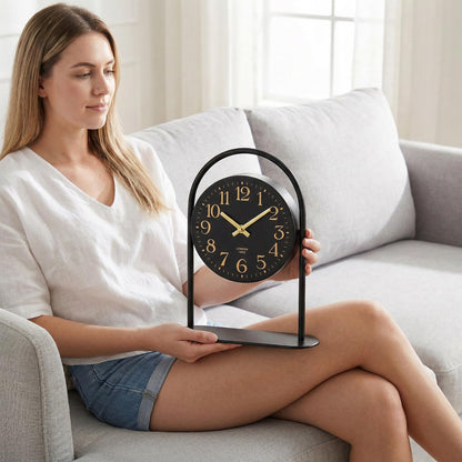Modern Black Desk Clock - 10.6 Inch Arched Table Clock with Silent Non-Ticking Quartz Movement, Battery Operated Decorative Mantel Clock with Gold Arabic Numerals for Bedroom, Shelf & Office Decor