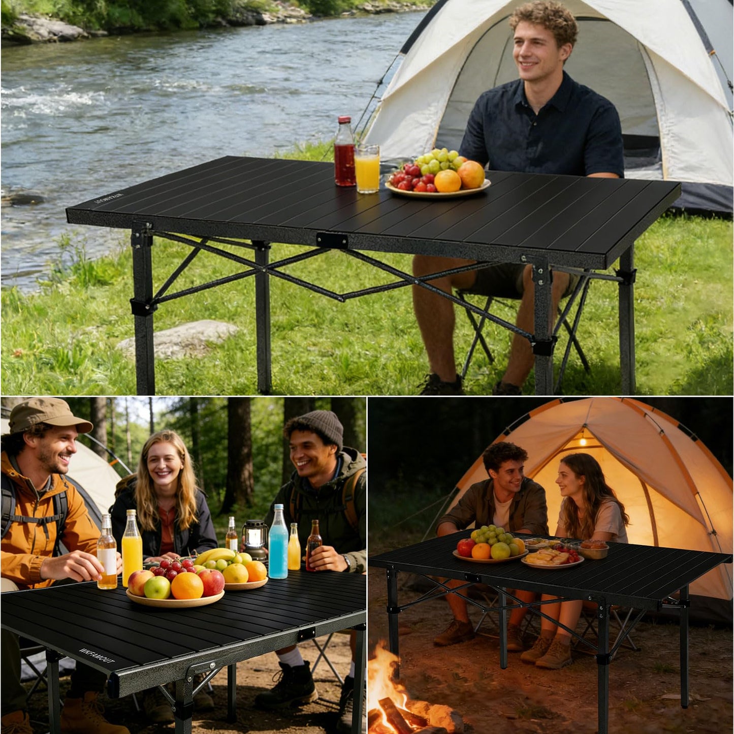 WKFAMOUT 29.9" Tall Folding Camping Table for 2-6 Person, 54.7" Large Aluminum Foldable Roll-up Table Outdoor with Carry Bag for Picnic, Camp, Sturdy, Backyard, Patio