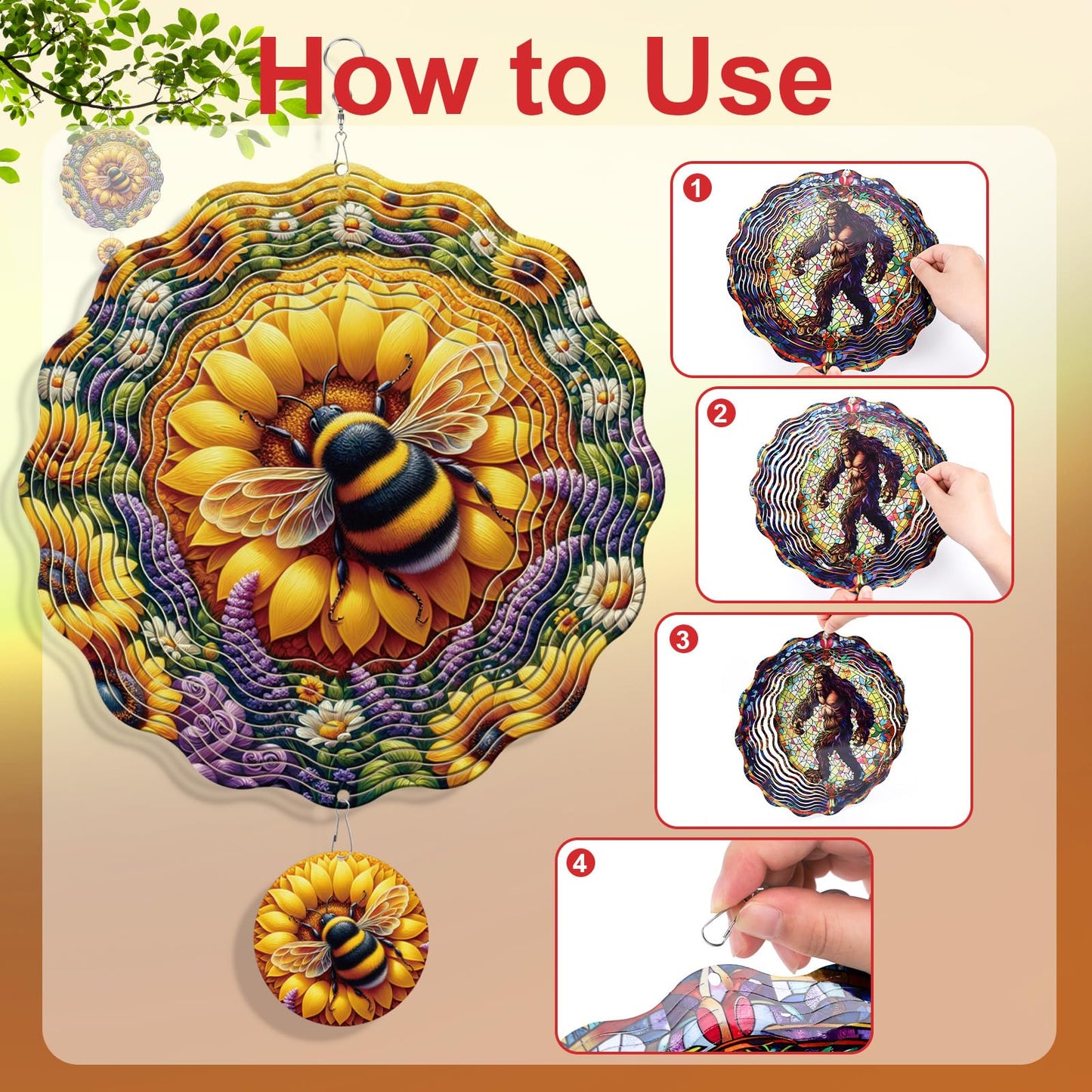 Rngmsi Sunflower Wind Spinners Outdoor Garden Decor for Outside, 3D Metal Bee Wind Spinner Hanging Decor Kinetic Art for Yard, 12 in Stainless Steel Hanging Gifts for Women Housewarming