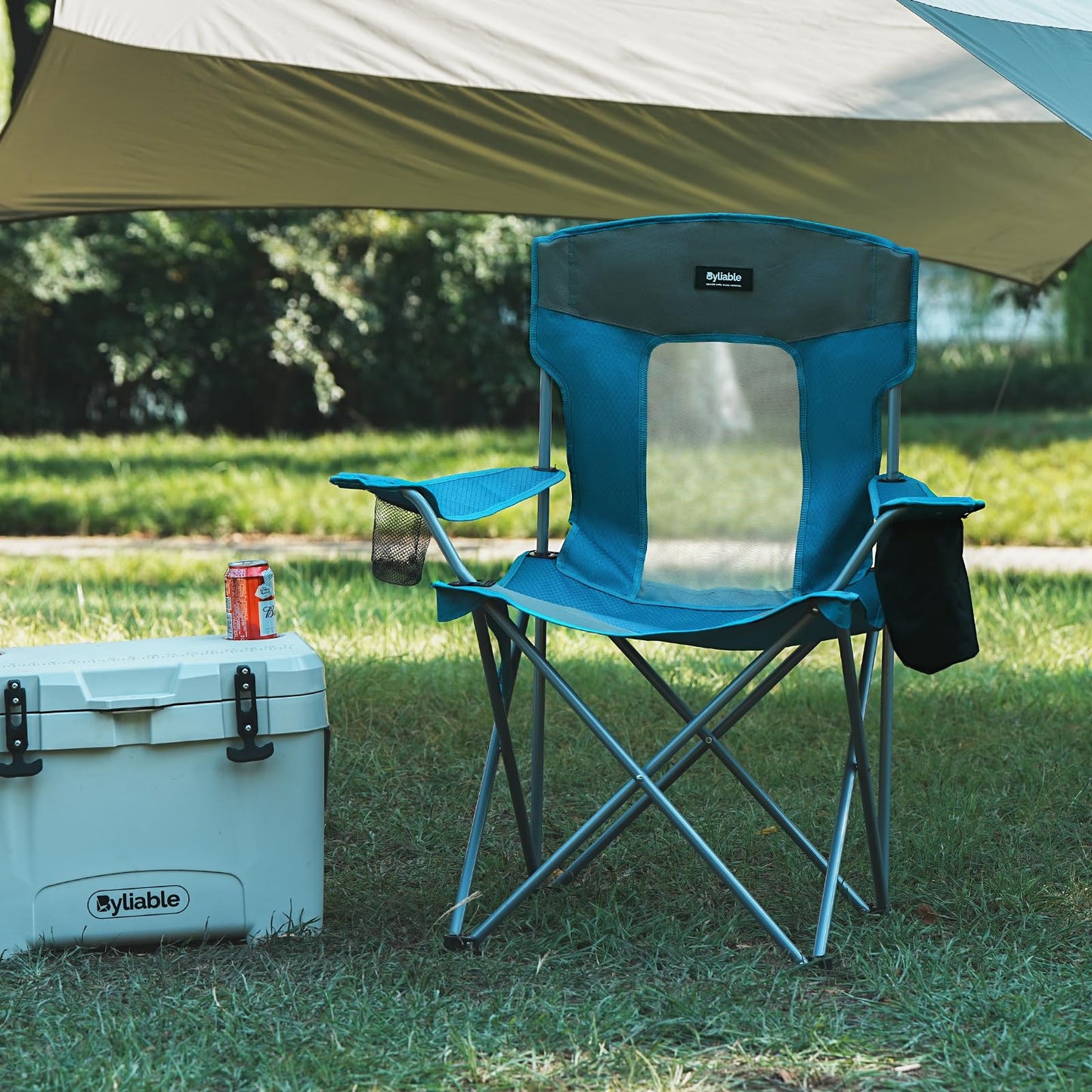 Camping Folding Chair Outdoor Lawn Portable Lightweight Camp Folding Chairs for Adult Outside with Cup Holder, Cooler Pouch & Side Pocket for Camping, Beach, Fishing, Sports or Tailgating Events, Blue