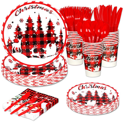 175 Pcs Christmas Paper Plates and Napkins Sets Santa Claus,Snowman,Reindeer Disposable Dinner Tableware Set With 7" Plate, 9" Plates, Napkins,Cups & Knife & Fork &Spoon Party Supplies Serve 25 Guests