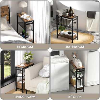 Homedawn Small Side Table for Small Space, 3-Tier Narrow End Table with Magazine Holder,Slim Nightstand, Skinny Snack Couch Table in Living Room, Bedroom Study and Balcony (Rustic Brown &Black)