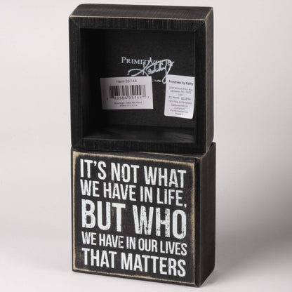 Primitives by Kathy 35144 Classic Black and White Box Sign, 4 x 4-Inches, Who We Have