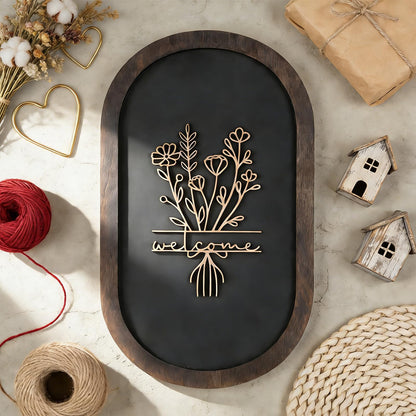 Welcome Sign for Front Porch, 3D Farmhouse Welcome Decor Rustic Wood Door Sign Distressed Home Wall Art with 3D Flower Patterns for Entryway Living Room Office Housewarming Decor