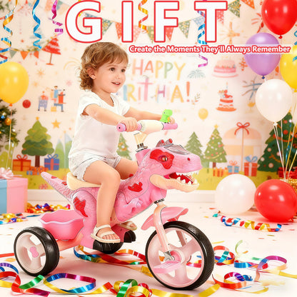 NMM Dinosaur Tricycle for Toddlers, Kids Trike with Music, LED, Tricycles for 3-5 Year Olds, for Rider, Big Wheel, Storage Basket, Horn, Toddler Bike for Boy, Dinosaur Toys for Kids 2-4 4-7