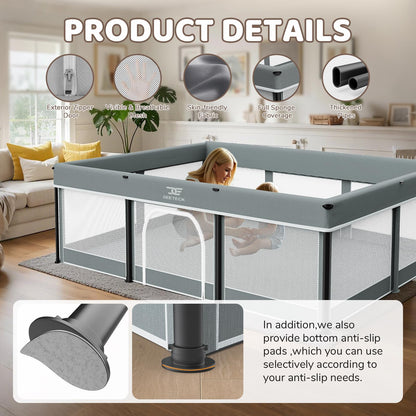 Foldable Baby Playpen with Mat - 74"X50" Large Play Yard for Babies and Toddlers - Indoor & Outdoor Portable Playpen with Storage Bag & 30 Ocean Ball - Baby Fence with Visible Mesh & Zipper Door,Grey