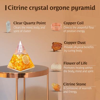 Orgone Citrine Pyramid for Success Handcrafted Orgonite Crystal Pyramid for Energy Balance, Meditation, Home Decor & Chakra Support