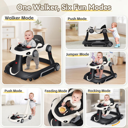 Baby Walker with Wheels, 7-in-1 Foldable Baby Walkers for Boys Girls 6-12 Months with Feeding Tray & Music, Lights,Rocker,Sun Canopy, Bouncing Pedal, Adjustable Wheel Speed, Push Walker (Black)