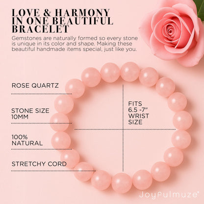 Joyfulmuze Rose Quartz Stretch Bracelet, Brings Unconditional Love Romance Passion, Pink Stone Heart Chakra, Handmade Jewelry Gift for Her and Him, (Rose-Quartz)