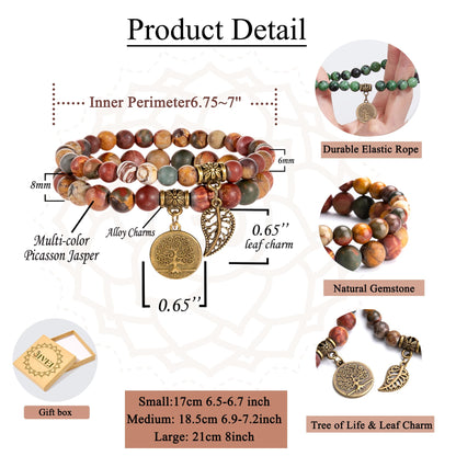 Bivei Natural Semi Precious Gemstone Beaded Bracelets for Women - Life Tree and Leaf Charm Chakra Crystal Picasso Jasper Beads Stretch Bracelet, 8 Inch(Multi-color Picasso Jasper)