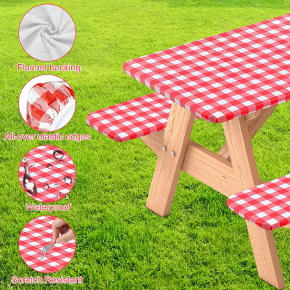 BOUBONI 3 Pcs Set Fitted Picnic Table Cover with Bench Covers Vinyl Camping Table Cloth Flannel Backing for 6ft Tables Camping Outdoor (Red Checked, 30 x 72 Inches)