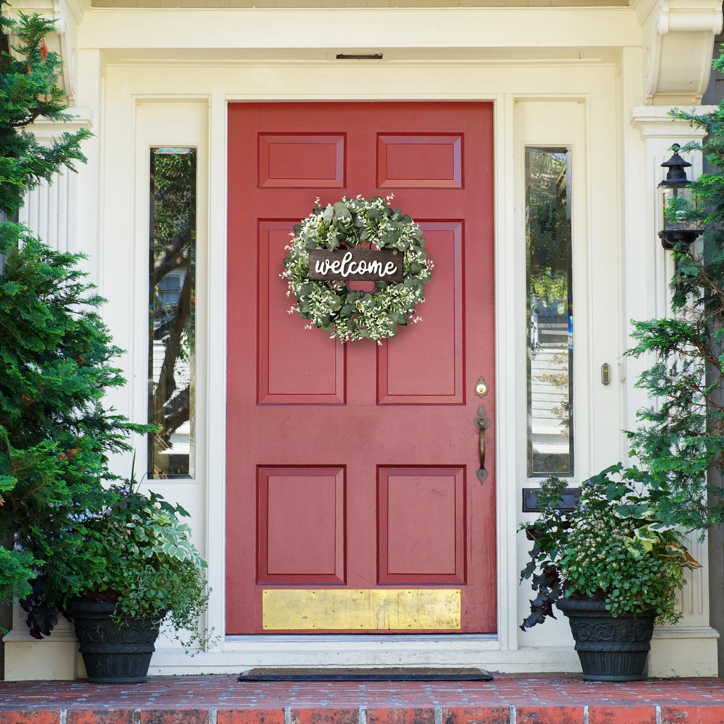 Sggvecsy 16in Artificial Eucalyptus Wreath with Welcome Sign Green Eucalyptus Leaf Wreath Greenery Wreath Round Leaves Wreath for Front Door Wall Window Festival Farmhouse Porch Patio Garden Decor