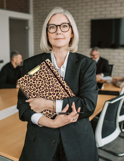 Mymazn Clipboard with Storage, Clipboards Folio with Refillable 11"x8.5" Legal Pads,5 Extra Folders with Storage 10 Pockets for Documents, Portfolio Binder with Pen Holder for Men Women (Leopard)