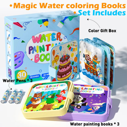 BATHKITS Reusable Water Painting Book for Kids - 3 Pack Magic Water Coloring Books with Water Pens, Fairy Tale, Animal & Space Themes | No Mess Paint, Travel Activity Toy, Gift Box, 30 Pages, Ages 3+