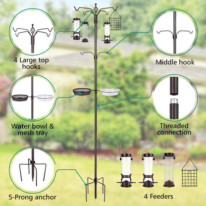 YINGYM Bird Feeding Station Kit, 94 Inch Bird Feeder Pole Stand for Outdoors Hanging with 4 Feeders, Metal Suet and Bath Tray for Wild Birds Watching