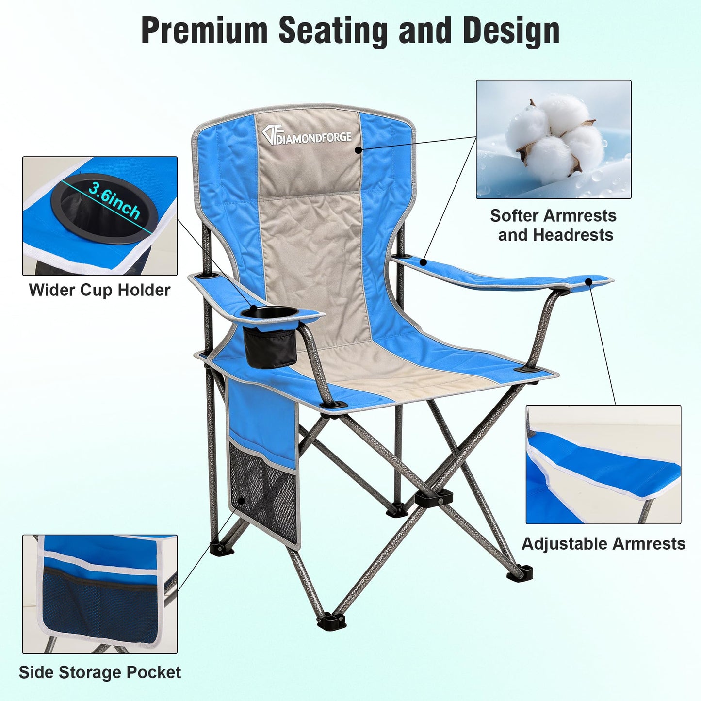 DIAMONDFORGE High Back Camping Chair for Adult, Portable Folding Camp Chair, Outdoor Camping Chair with Wide Cup Holder, Side Pocket for Hiking Fishing Sports, Blue Grey (2 Pack)
