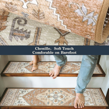 Lahome Stair Treads Non Slip 15 Pack 8" X 30" Stair Treads for Wooden Steps, Washable Self Adhesive Stair Runners Stain Resistant Stair Carpet, Edging Staircase for Kids Elders and Dogs Dorie, Taupe