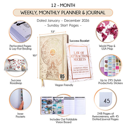 Deluxe 2026 Planner Weekly and Monthly | Law of Attraction Planner with Productivity App | 12-Month for Productivity, Gratitude & Goal Setting | Includes Foldable Vision Board, Gift Box & Stickers