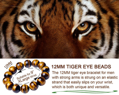 OwizJade 12MM Tigers Eye Mens Bracelet | Fits for About 9 inch XLarge Wrist | Natural Solar Plexus Chakra Gemstones with Golden Brown Cats Eye| Bring Luck Wealth Courage | Protection from Evil
