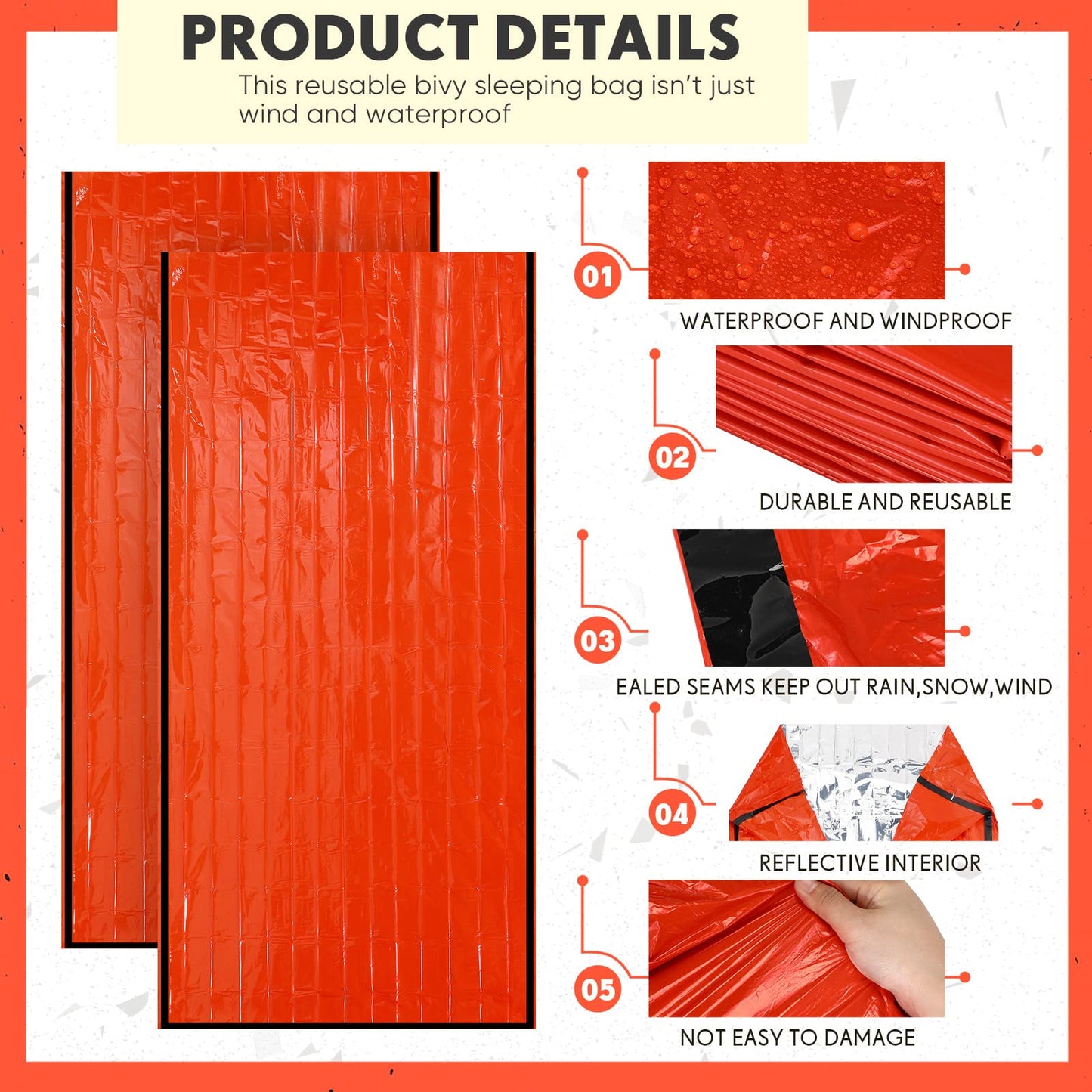 Qunclay 12 Set Emergency Sleeping Bag Survival Bivvy Sack Blanket with Whistles Lightweight Portable Thermal Survival Bag Thick Tent with Hood Extension Nylon Stuff Sack (Orange,82.7 x 35.4 in)