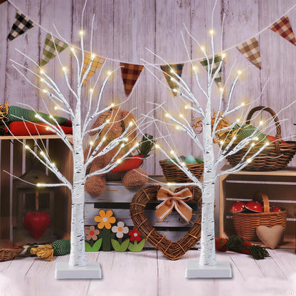 2-Pack 2FT Lighted Birch Tree with Timer for Easter Decorations Indoor, Artificial Birch Tree with 48 LED Warm White Lights, Fairy Light Tabletop Centerpiece Tree for Christmas Winter Deocrations