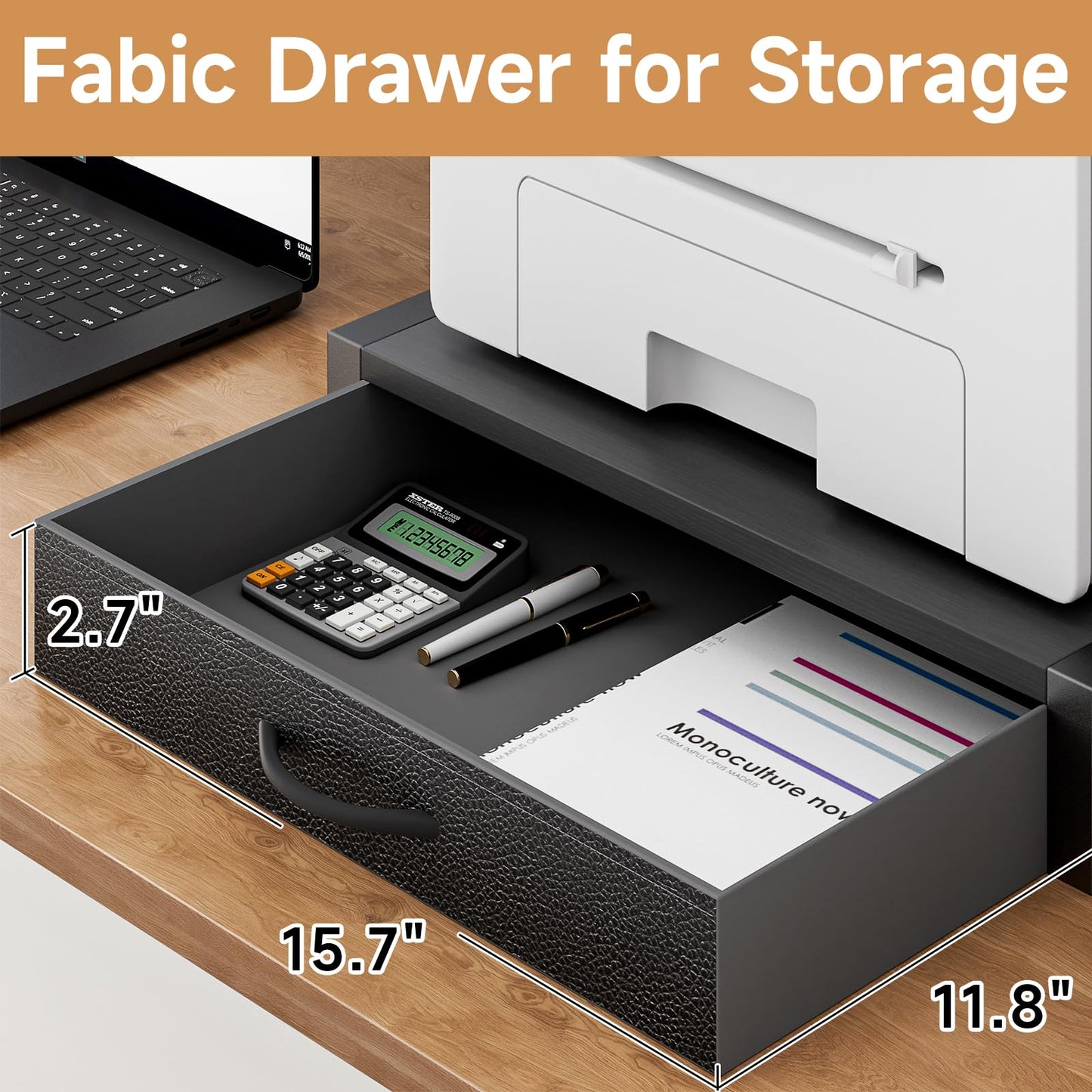 YAOHUOO 2-Tier Desktop Printer Stand with Fabric Drawer, Prtiner Table with Storage Shelf, Desk Organizer for Home Office,3D Printer,Fax Machine,Scanner, 17.3"x11.8" Black
