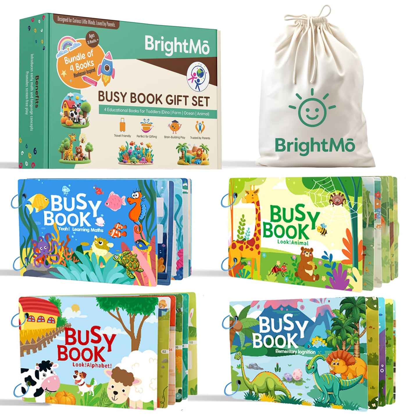 BrightMō Montessori Busy Book Set (4-in-1) – Preschool Learning Activities for Ages 3+, Fine Motor Skills, Travel Activity Kit, Dinosaur Farm Ocean Animal Themes