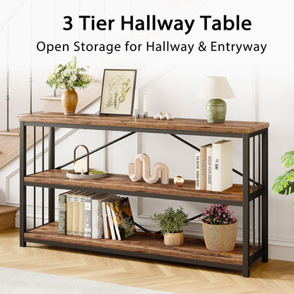 LVB Industrial Console Entryway Table, Metal Wood Rustic Sofa Table with Storage, Farmhouse 3 Tier Shelf Long Hallway Foyer Entry Tables Behind Couch for Home Living Room Entryway, Rustic Brown, 55 In
