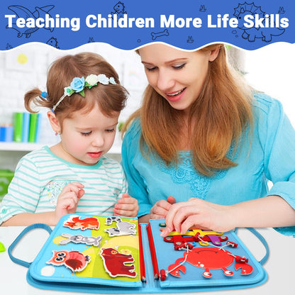 MEGRANATE Montessori Busy Board, Baby Busy Book Educational Learning Toys for Toddlers Quiet Book Activity Books Buckle Toy Fine Motor Skills Toys for 3+ Year Old Kids (Blue)