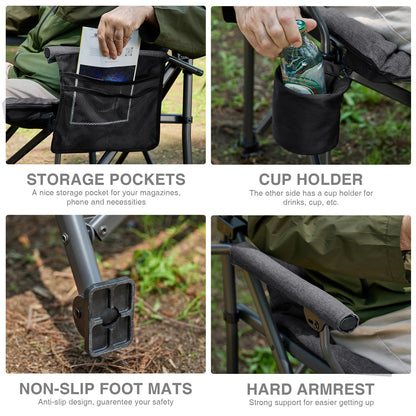 EVER ADVANCED Padded Oversized Folding Camping Chair for Adults, Heavy Duty Lawn Chair with Side Pockets, Portable Collapsible Quad Chair for Outside, Support Up to 500lbs, Black