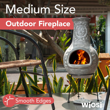 Wiosi Medium Chiminea Outdoor Fireplace Grey Clay Chimineas with Chimney Rain Lids and Solid Metal Stands - Grey Terracotta Chimenea - Rustic Fire Pit Chimnea 16 x 16 x 32-inch