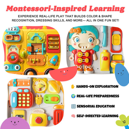 ROHSCE Busy Board for Toddlers 1-3, Montessori Travel Activity Toys with Music, Portable Toddler Activity Board to Develop Fine Motor Skills, Educational Toys for 1 Year Old Boys Girls