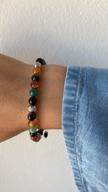 10:10 Beaded Bracelet for Men and Women – Natural Agate Multicolor Gemstones and Stainless Steel – Adjustable & Durable & Elegant – Made in Italy
