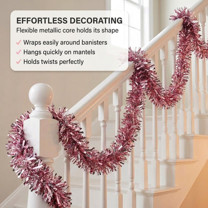 Anderson's Metallic Light Pink & Silver Sparkle Glitter Tinsel Twist Garland, 25ft Holiday Decoration, Christmas Tree Trim, Parade Float Decor, Party Supplies, Graduation, Event Garland
