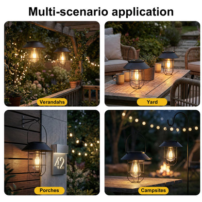 Livinlarge Solar Lanterns Outdoor Waterproof,Hanging Solar Lights for Outside with Wall Hooks Windproof Hook,Retro Metal Outdoor Lanterns Auto On/Off for Porch,Patio,Garden,Yard Decor 2 Pack（Black）
